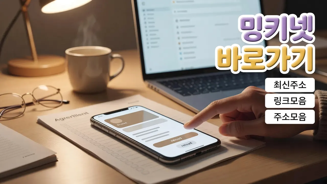 밍키넷 바로가기 안내 포스터. 최신주소, 링크모음, 주소모음 문구가 있는 따뜻한 책상 장면